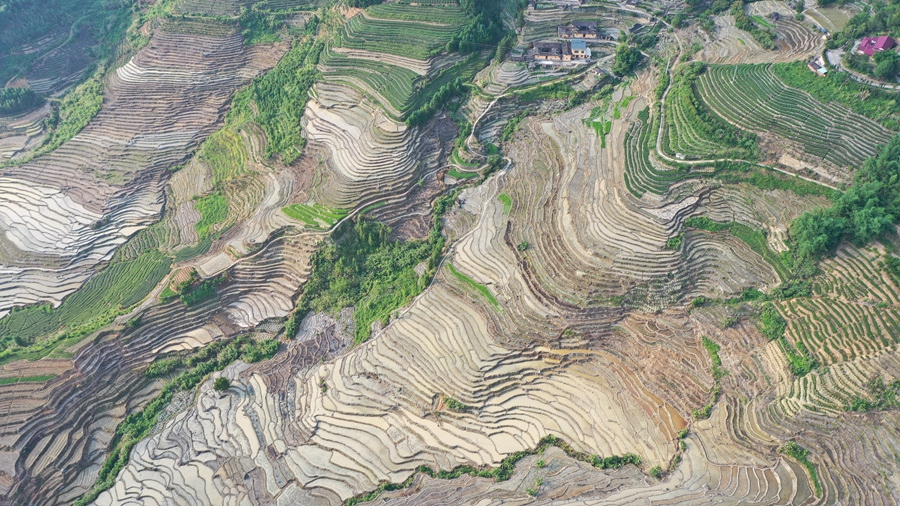 4..新翻耕的千亩梯田层次分明，宛若镶嵌在大地上的指纹。黄建和摄